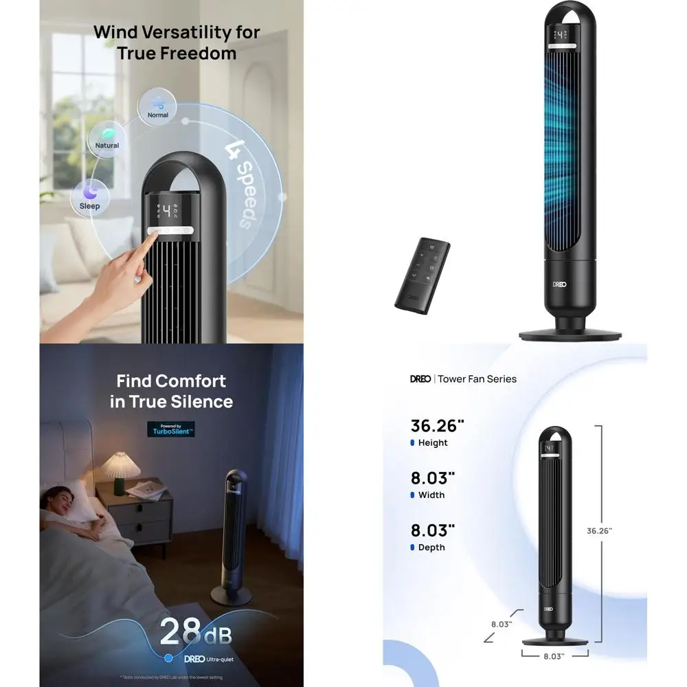 

Тихий 90 ° Осциллирующий башенный вентилятор с 4 скоростями, 3 режимами, таймером сна и пультом ДУ для спальни, гостиной, офиса