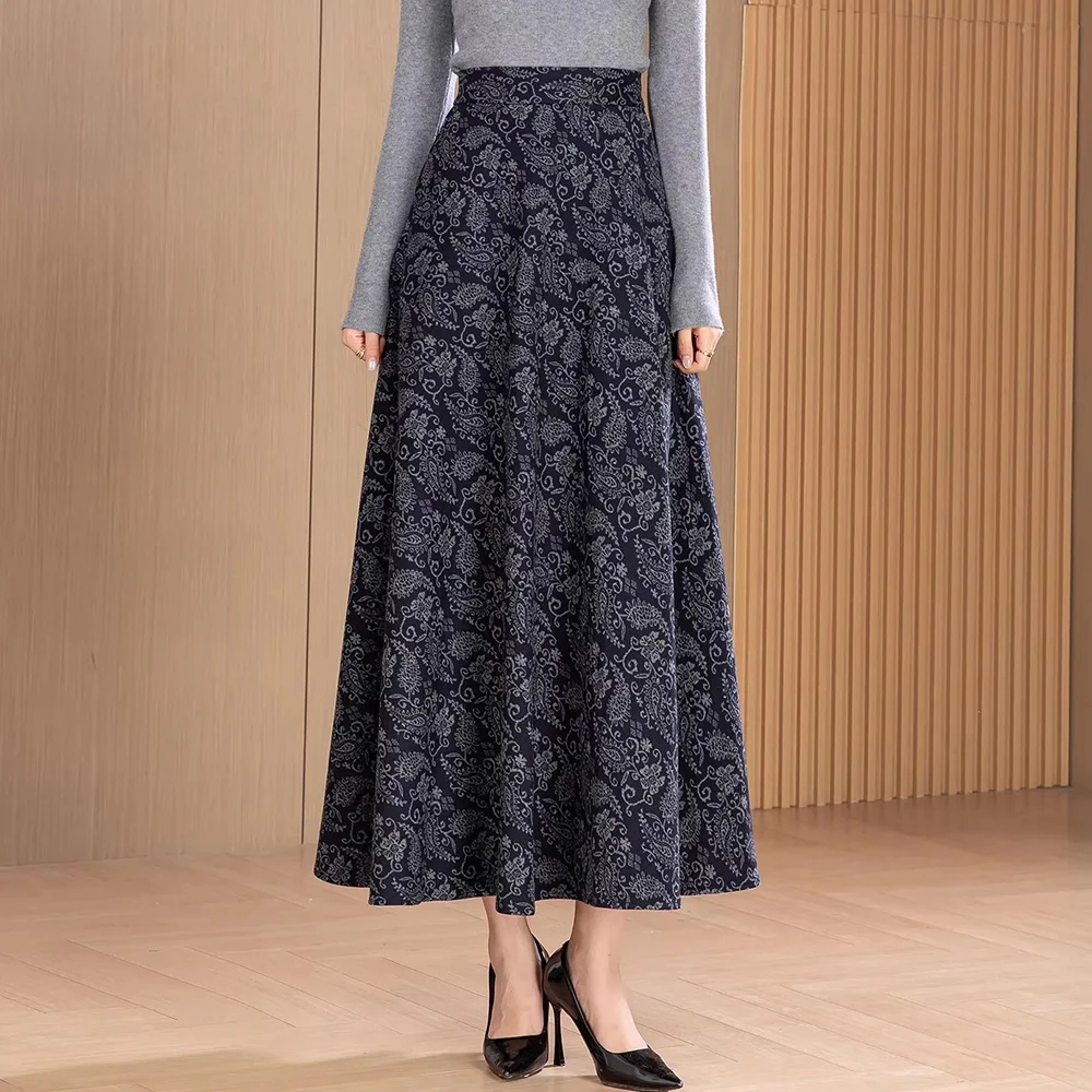 New Women Print Woolen Skirt Autumn Fashion High Waist A-line Vintage Floral Long Skirt Simplicity Elegant Daily Skirt Female