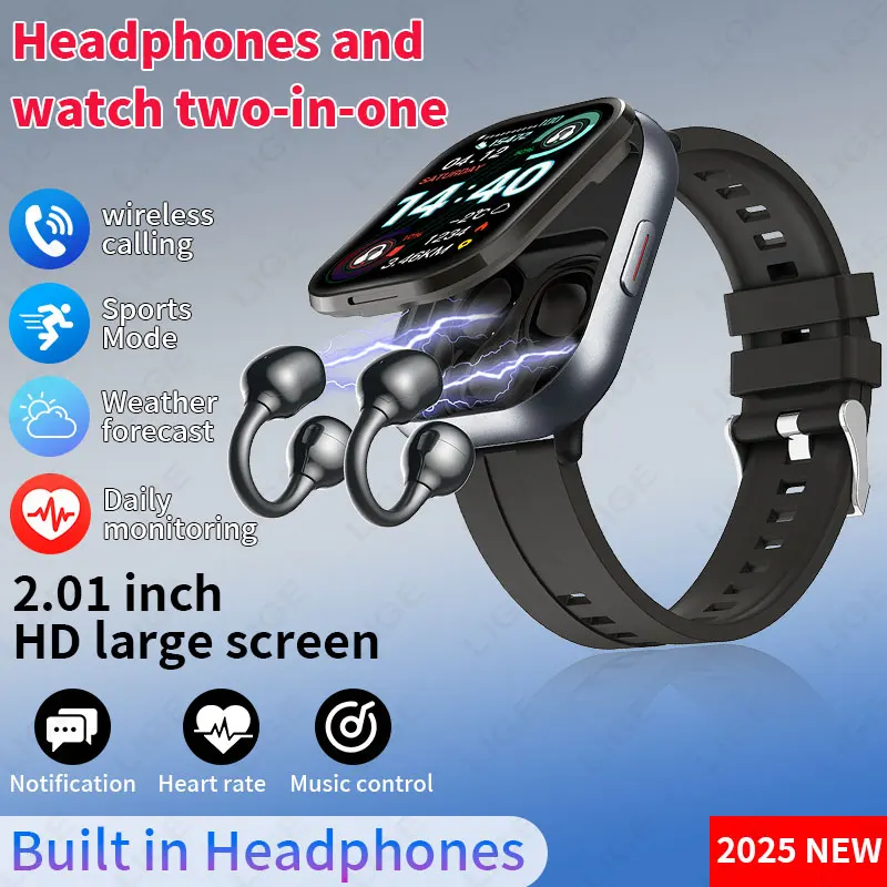 LIGE 2 في 1 بلوتوث دعوة TWS Smartwatch مع سماعات 2.01 "HD شاشة معدل ضربات القلب الرياضة اللياقة البدنية سماعة ساعة ذكية الرجال النساء