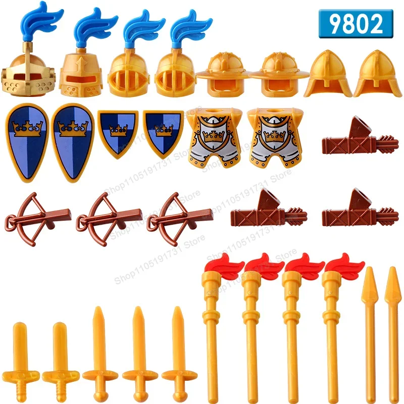 ブルーライオンゴールドキャッスル騎士中世十字軍兵士フィギュアビルディングブロック戦士剣アクセサリーヘルメットおもちゃ子供向け