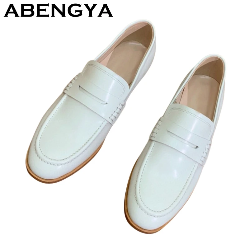 

2025 Summer Round Toe Flat Loafer Shoes Women Real Leather Slip On Lazy Loafers Ladies Casual Walking Single Shoes Zapatos Mujer