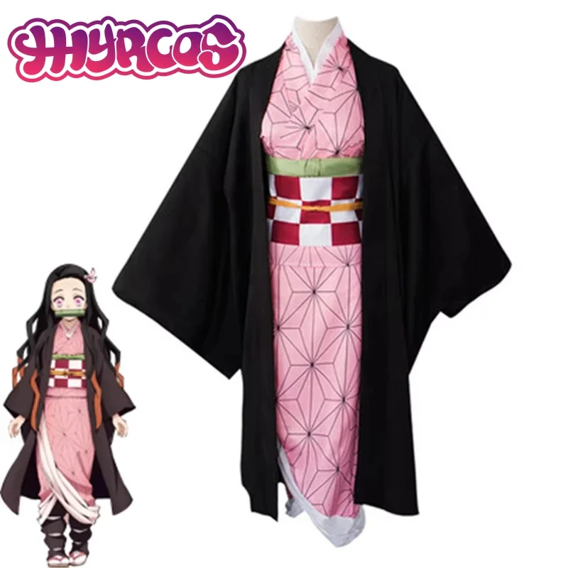 Anime Cosplay Kamado Nezuko Cospaly Costumes Kamado Cosplay Wigs Outfit Kimono with Hairwear Bamboo Halloween Costumes for Wo！1e