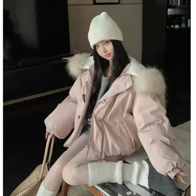 2026 Women Cropped Parka Jacket Solid Hooded Fur Trim Toggle Button Elastic Cuffs Loose Fit Casual Outerwear Fall Winter Warm