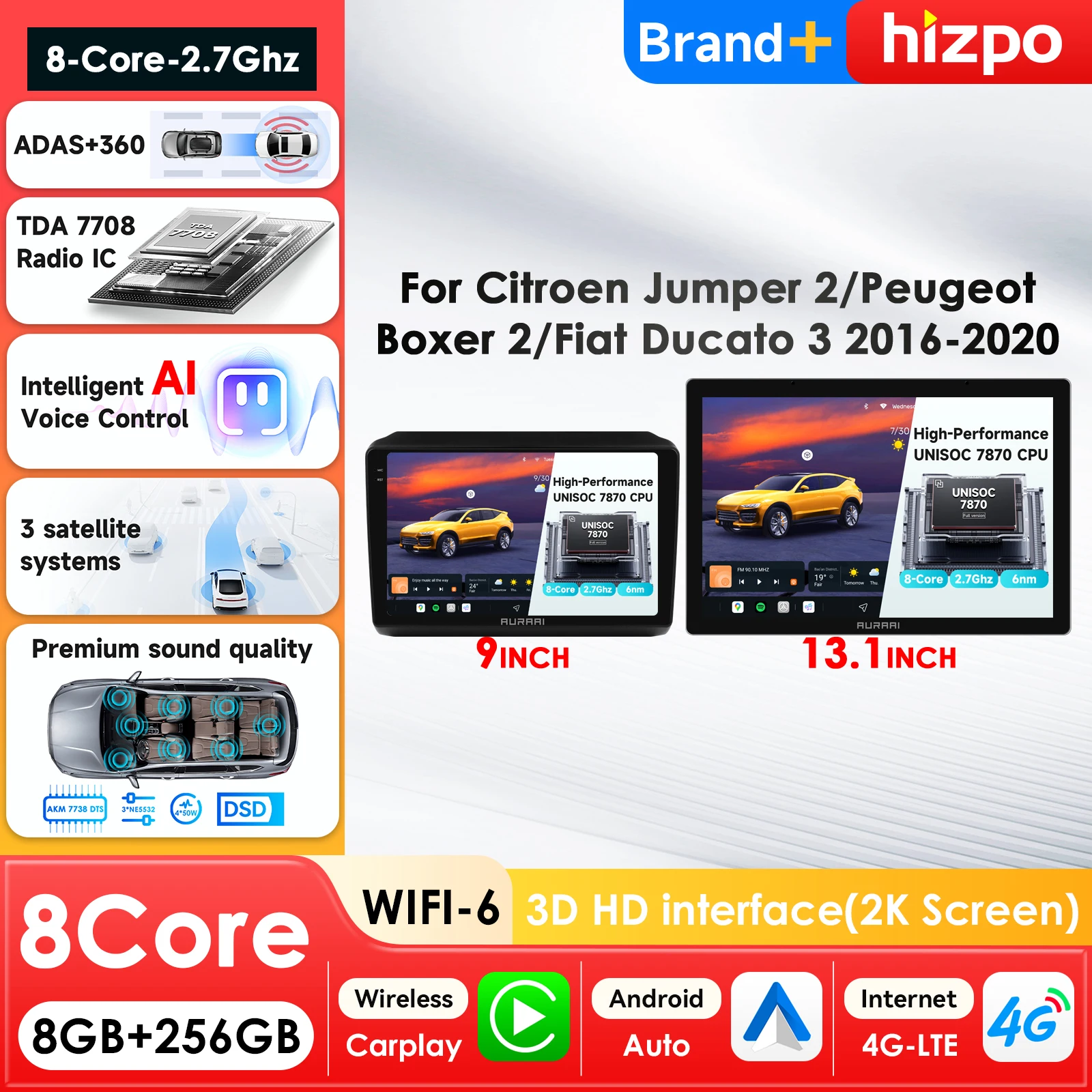 

AURA AI 2K 3D Screen 8Core Multimedia Player for Fiat Ducato Peugeot Boxer 2 Citroen Jumper 2 2016-2020 Carplay Autoradio 360cam