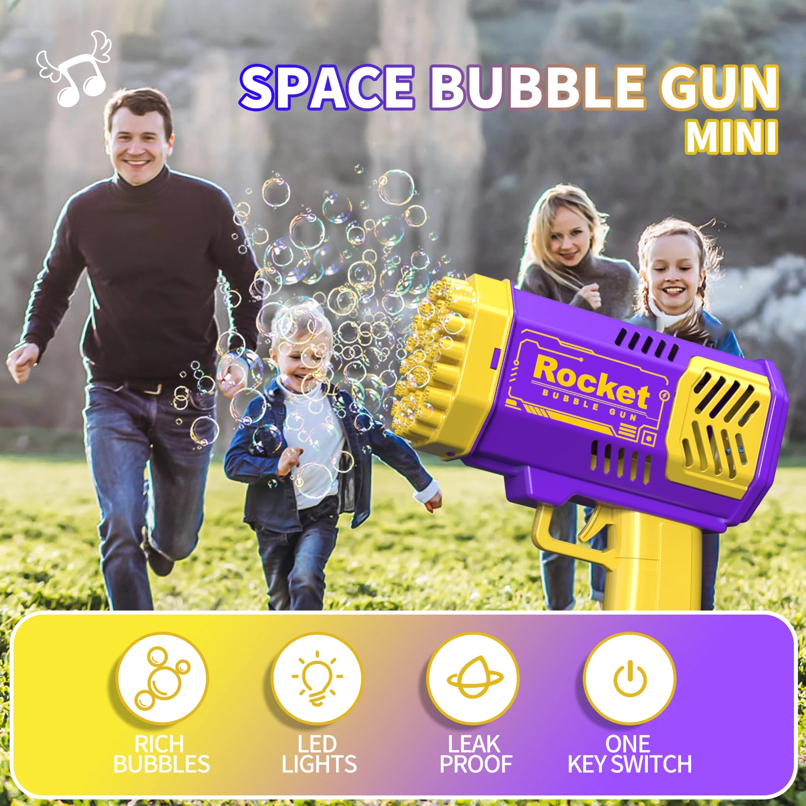 One-pack per bambini Bazooka a 40 fori portatile elettrico automatico pistola a bolle luce a LED per ragazzi e ragazze