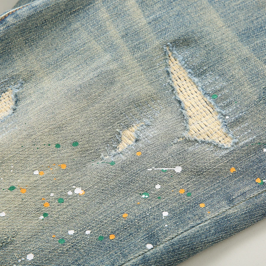 Street Designer Fashion Men Jeans High Quality Retro Washed Stretch Slim Fit Painted Ripped Jeans Men Vintage Y2K Denim Pants