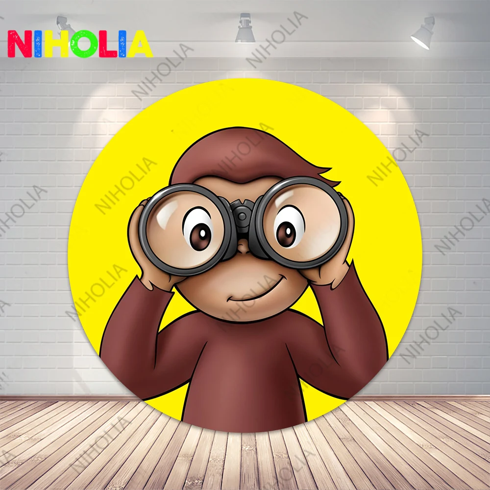 Niholia George Monkey Round Photo Backdrop Baby Shower Cylinder Covers Kids Birthday Party Decoration Photo Props For Cake Table