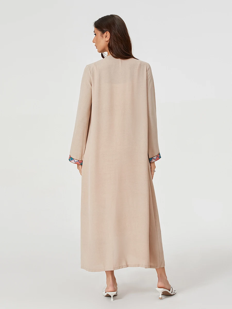 ผู้หญิง Caftan ชุด Rhombus พิมพ์แขนยาวเสื้อสเวตเตอร์ถักหลวมอาหรับ Robe สําหรับ All Seasons