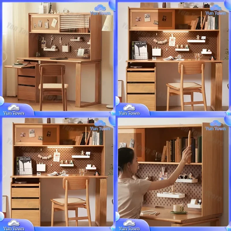 Nordic Solid Wood Desk Bookcase Bookshelf Integrated Storage Study Table for Home Office Student Kids Room for Scandinavian