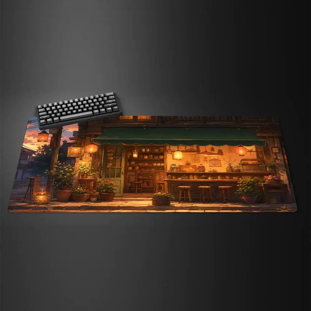 Anime Japanese Street Shop Large Mouse Pad Rainy Night Lantern Glow Reflection Art Desk Mat for Home Office Gaming Decor