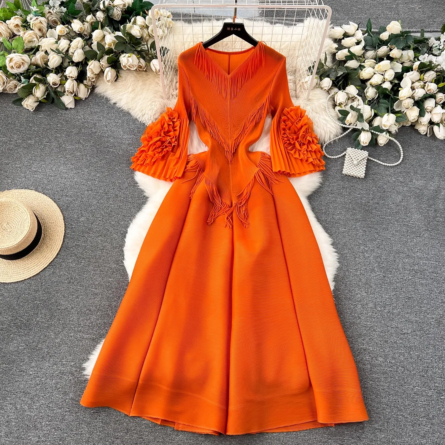 High Quality New Summer Miyake Pleated Loose Dress Oversize Women V Neck Heavy Discoid Flower Flare Sleeve Tassel Midi Vestidos