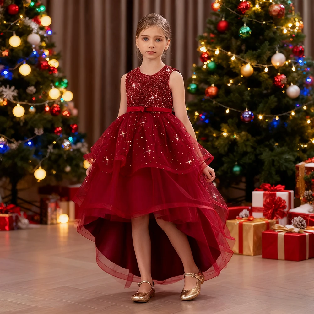 

Fashion Sequin Asymmetric Princess Dress Christmas Dress For Girls Party Dresses Shiny Wedding Red Dress Girl Elegant Ball Gown