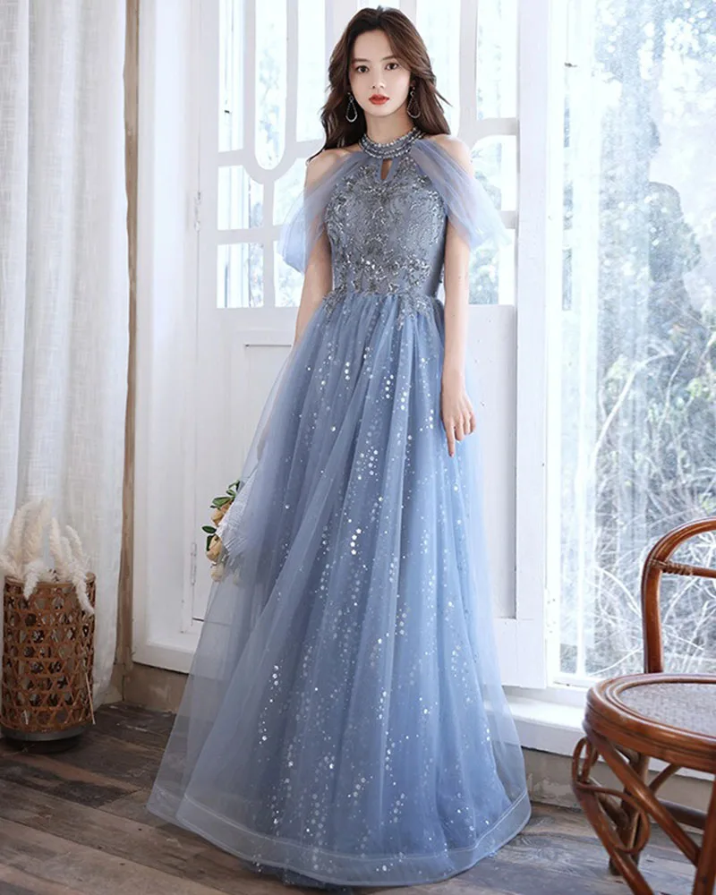 

DongCMY Vestidos De Fiestas Elegantes Mujer De Noche Evening Dress Women New Elegant Temperament Banquet Blue Long Party Dress