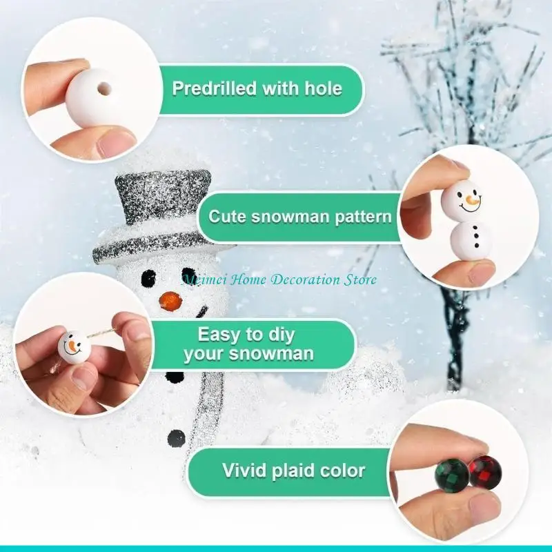 

H7BF Рождественские деревянные бусины Набор рождественских снеговиков Набор деревянных бусин, Зимние деревянные бусины