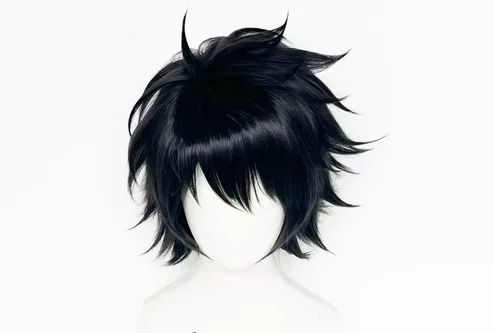 L.Lawliet Peluca de Cosplay, pelo corto negro, peludo en capas, resistente al calor, disfraz + gorro de peluca