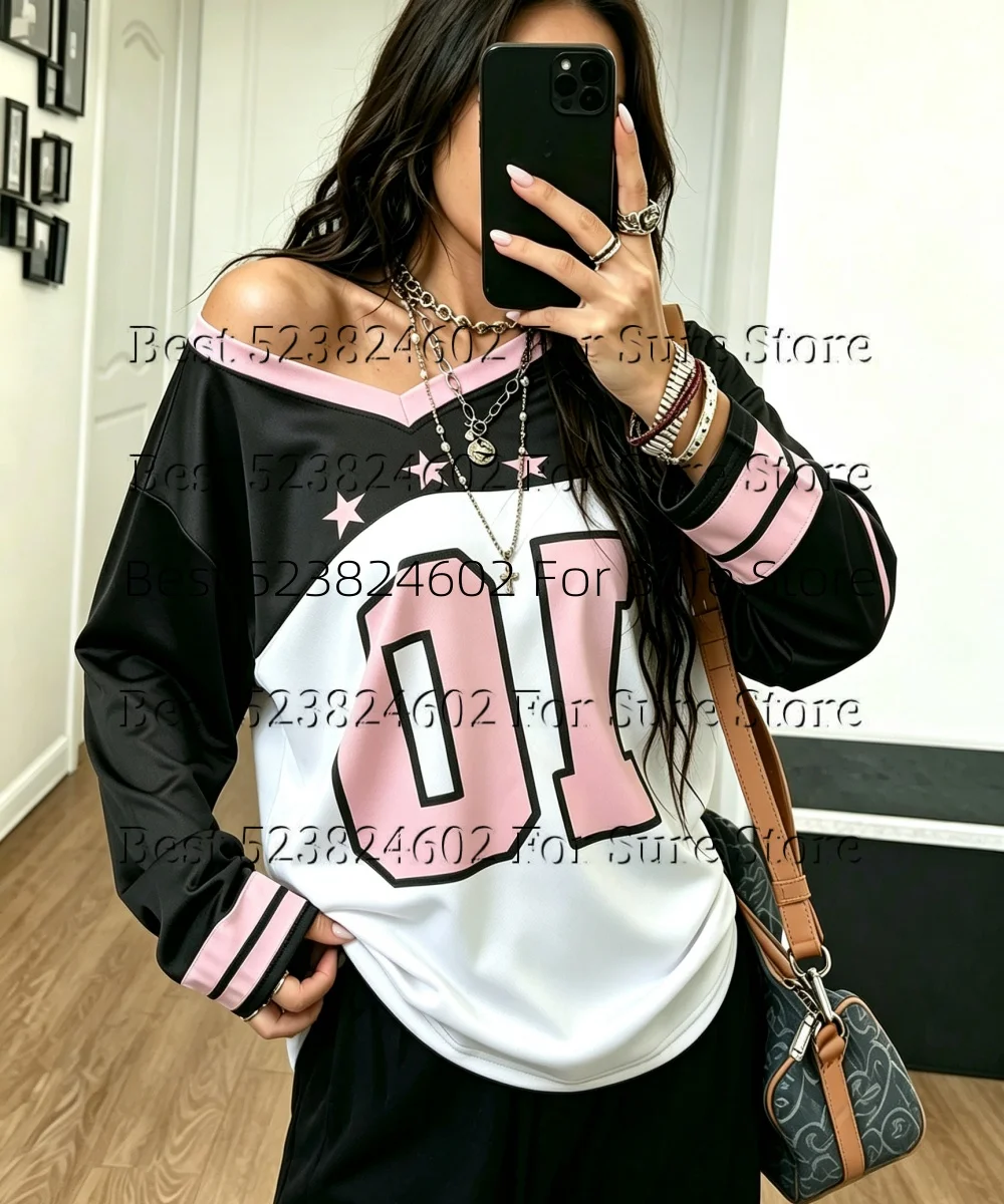 Y2K Women Streetwear Women V Neck Off Shoulder Long Sleeve Shirt Black White Pink Color Block 01 Star Loose Casual Jersey Tops