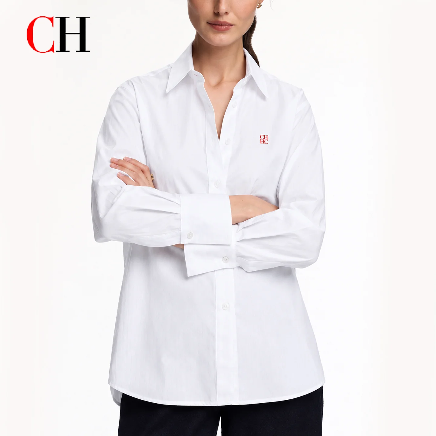 CH Women White Button Down Shirt Long Sleeve Blouse Elegant Casual Office Workwear Loose Fit Classic Tops