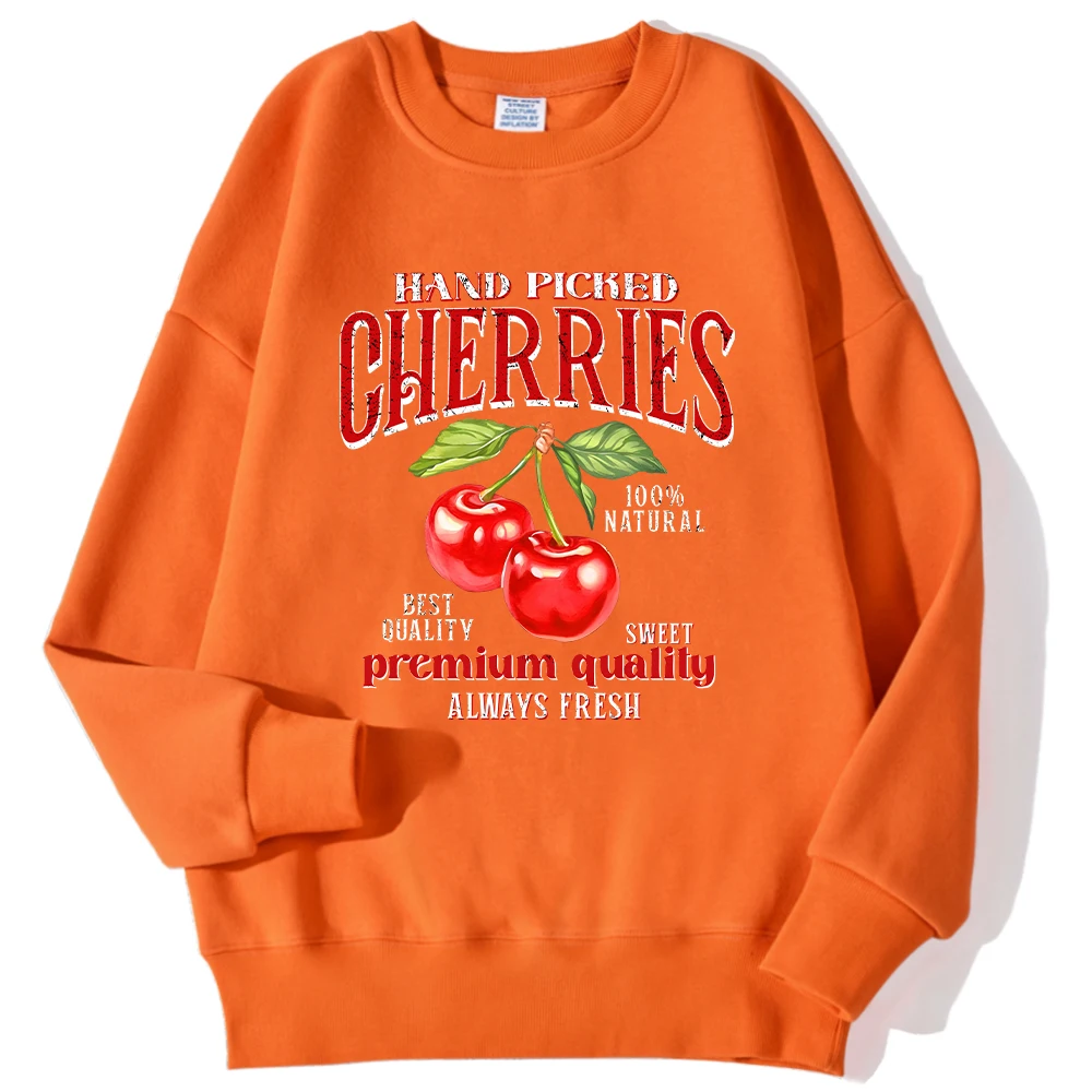 Casual Womans Pullover Hand Picked Cherries Printing Hoodie Soft Breathable Loose Crewneck Sweatshirt Autumn Winter Streetwear