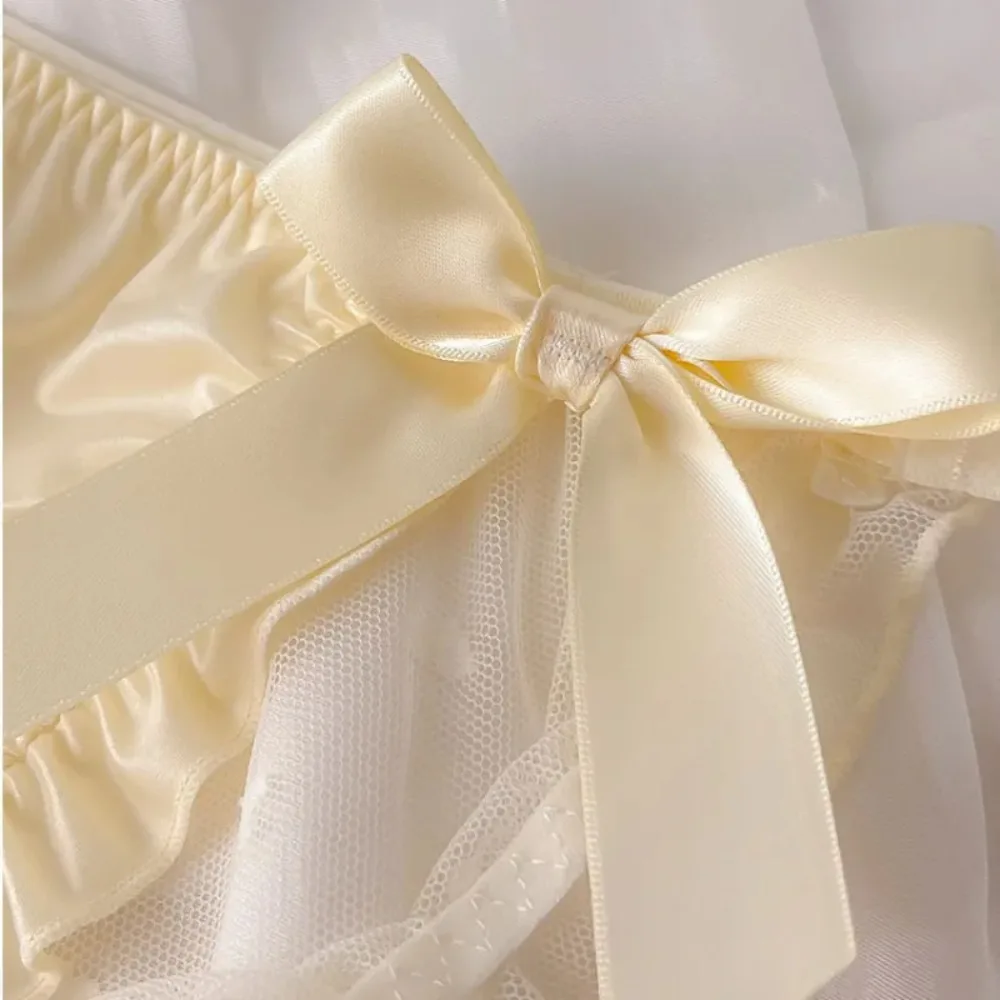 Ribbon Bow Mesh Ruffle Satin Silk Bow Briefs Transparent Low Waist Women's Lace Mesh Bowknot Panties Elastic Underwear Women