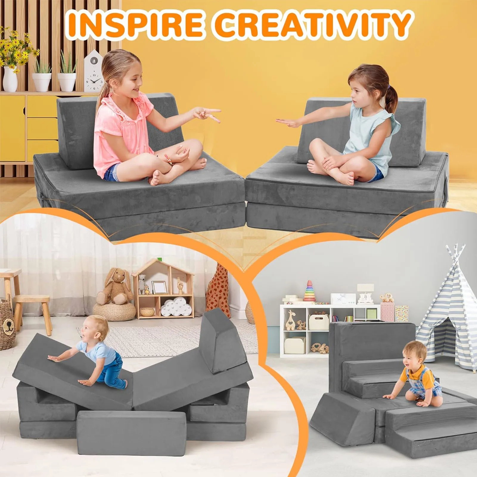 Image of 8 pezzi divano da gioco per bambini convertibile-divano per bambini e bambini divano da gioco creativo fai da te per sala giochi camera da letto asilo nido liberamente rimovibile cod004