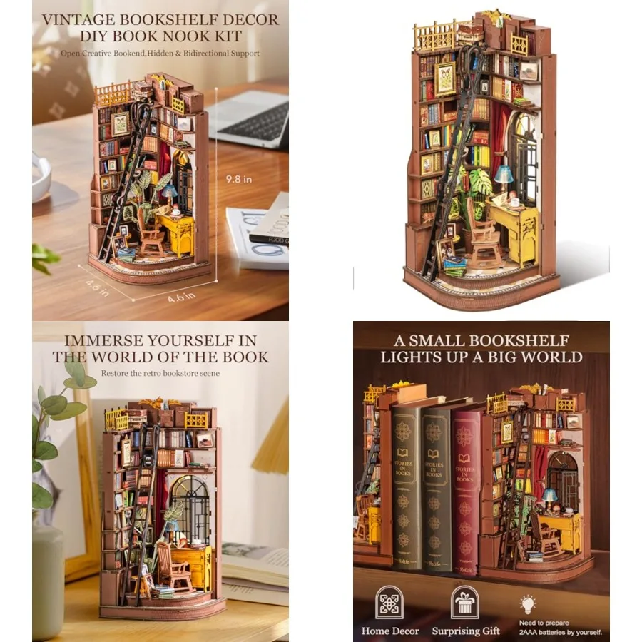 

DIY Book Nook Kit Silent Corner Study, 3D Puzzles Creative British Bookend Bookshelf Decor for Adults, Tiny House Miniature Kit