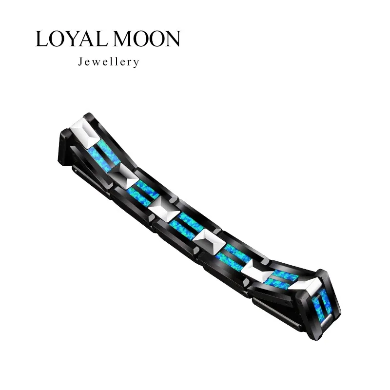 Loyal Moon 10mm Width Black Ceramic Bracelet Tungsten Links For Men Inlay Opal Jewelry18.5cm/20cm Length