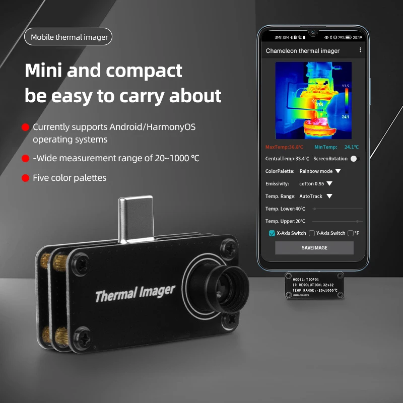 TIOP01 Thermal Imager Night Vision Infrared Imaging Camera Temperature Measurement  -20~1000°C for Android Type-C Circuit Repair