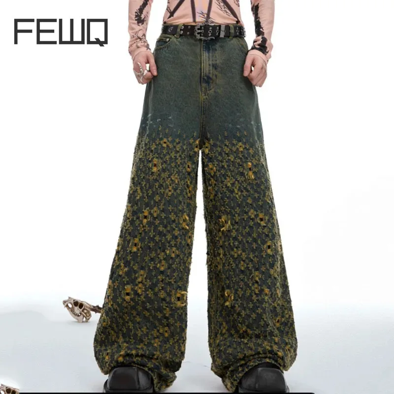 

FEWQ American High Street Irregular Jeans Straight Casual Pants 2024 Vintage Wide Leg Male Trousers New Fashion 24E1290