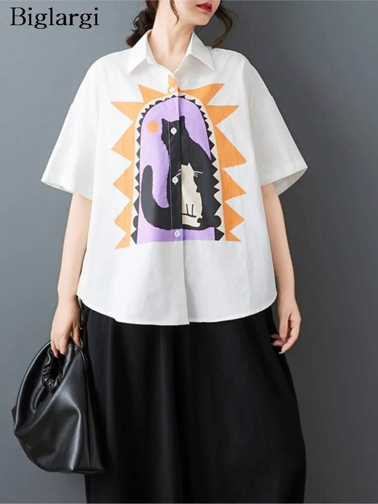 

Женские винтажные хлопковые рубашки оверсайз, повседневные свободные летние топы с принтом кошки