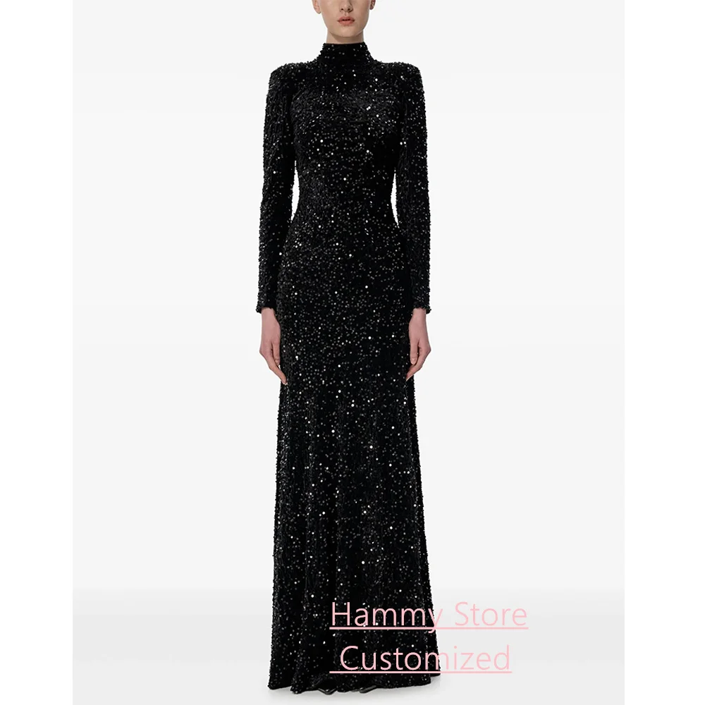 

High Neck Arabian Evening Dress Customized Full Sleeves Open Back Floor Length Saudi Prom Gown Sequined Black Party Dresses