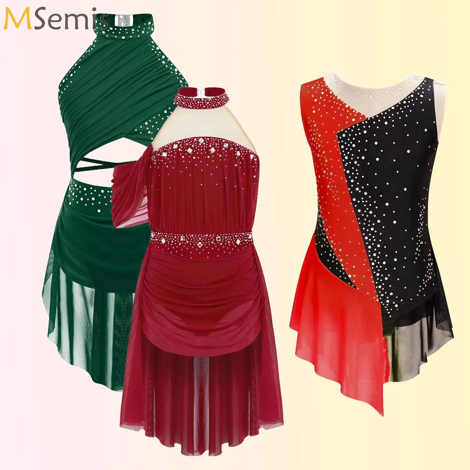 

Girls Ballet Dance Dress Soft Dancewear Halter Cutout Back Ruched Mesh Lyrical Ice Skating Dress Stage Performance Leotard Tutu