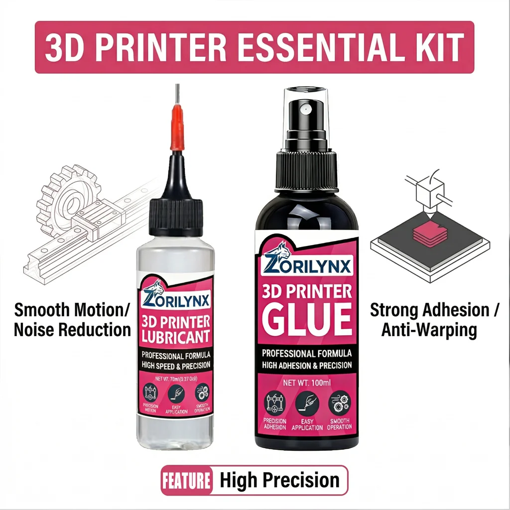 

3D Printer Lubricant and Bed Glue Set ZORILYNX 170ml Total High Precision Oil for Rails & Strong Adhesion Glue for Printing