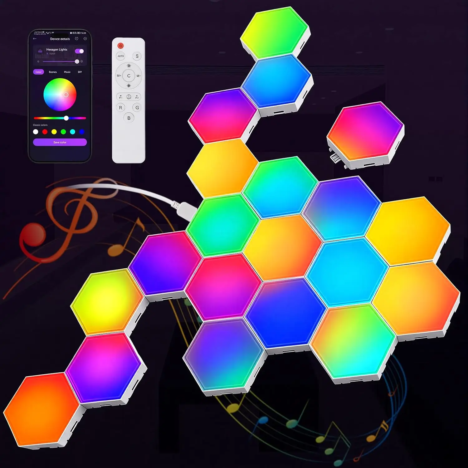 

Hexagon LED Wall Panels - RGB Smart Gaming Lights with App, Remote, Music Sync, Modular Decor for Bedroom, Game Room (20-Pack)