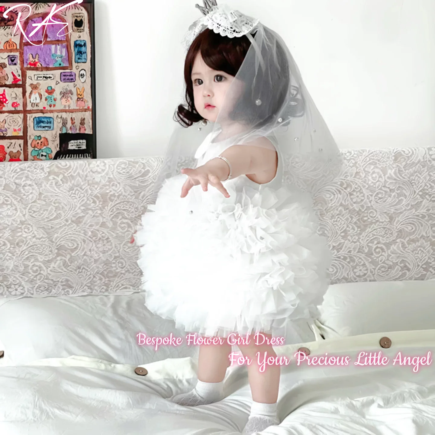 Elegant Ivory Long Sleeve Satin Tulle Flower Girl Dress For Wedding Birthday Baby Baptism Short Puffy Tiered Ruffle Gowns