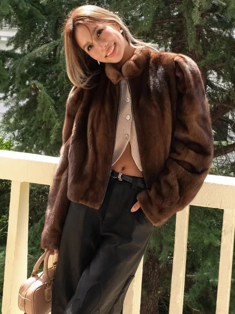 

Women's Winter Eco-Friendly Mink Fur Cropped Jacket Retro Stand Collar Short Jacket Brown Faux Fur Coat