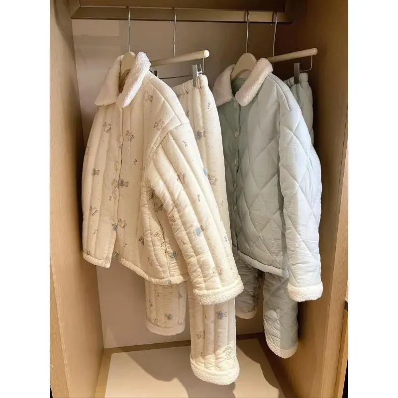 Women Winter Pajama Set Cartoon Print Fleece Lined Thick Homewear Warm Long Sleeve 2 Pcs Shirt&pants Sleepwear Loungewear Suit
