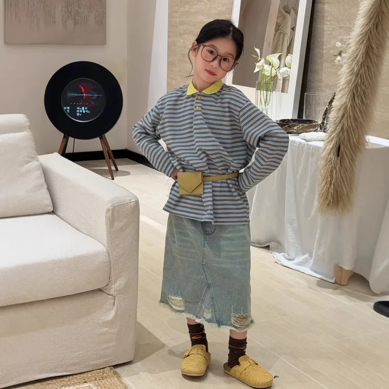 

Весенне-летняя рубашка-поло для девочек, повседневный полосатый топ, свободный винтажный свитшот с длинным рукавом для детей 3-16 лет, подростковый наряд