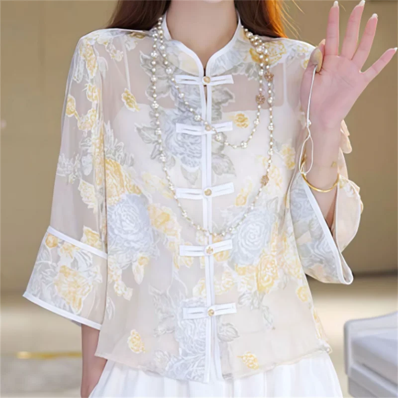 

Thin Chinese Bloouse Ladies Shirt Outerwear Retro Button Top Spring Summer Blous Sun-protective Shirt Elegant Female Shirts
