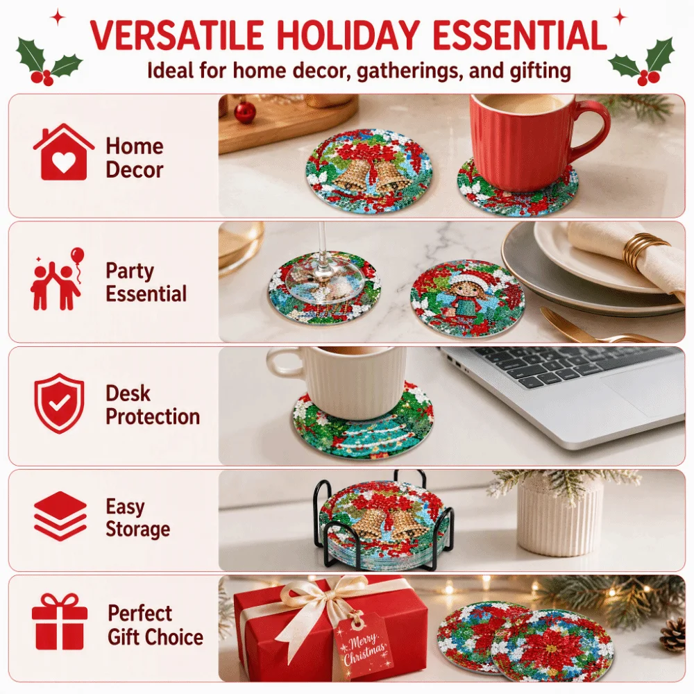 8Pcs with Metal Stand DIY Painting Coasters Entry-level Handmade Round Art Coasters Simple Table Protector Diamond Coaster Kit