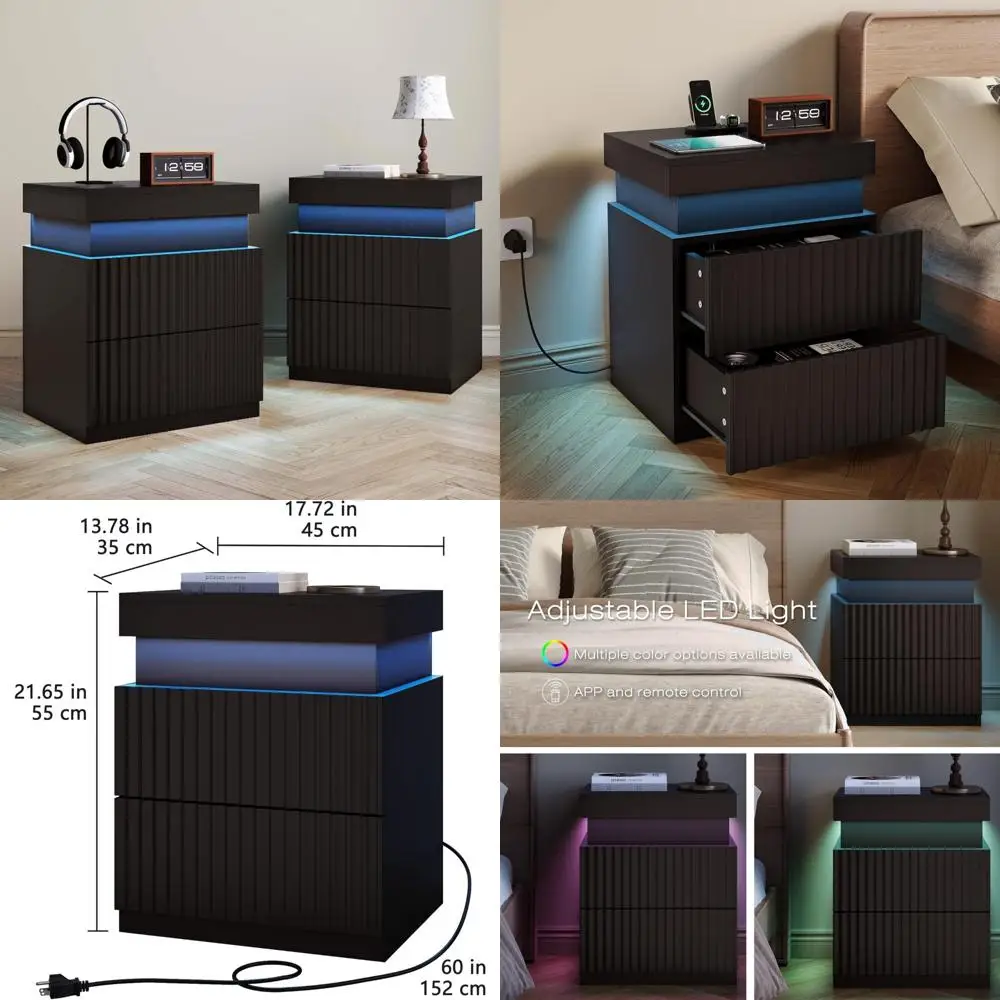 مجموعة منضدة LED حديثة مكونة من قطعتين مع قاعدة شحن وأدراج وقميص منزلق للتخزين بجانب السرير والراحة #1