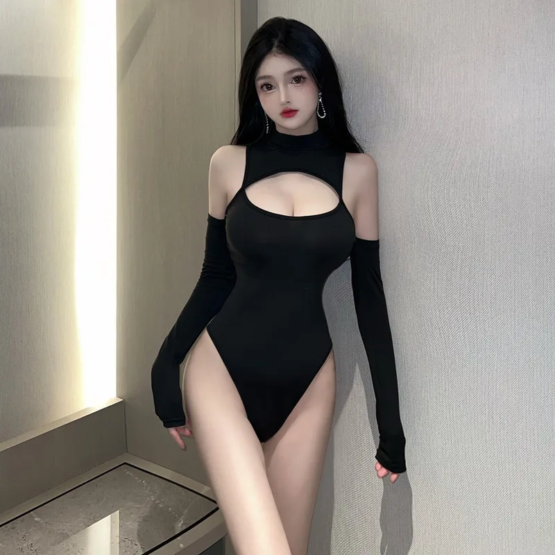 

Top Fashion Sexy Long Sleeved Slim Fitting Jumpsuit Set Hollowed Out Bodysuit Black Corset Top Womens Fun Lingerie Body Shaper