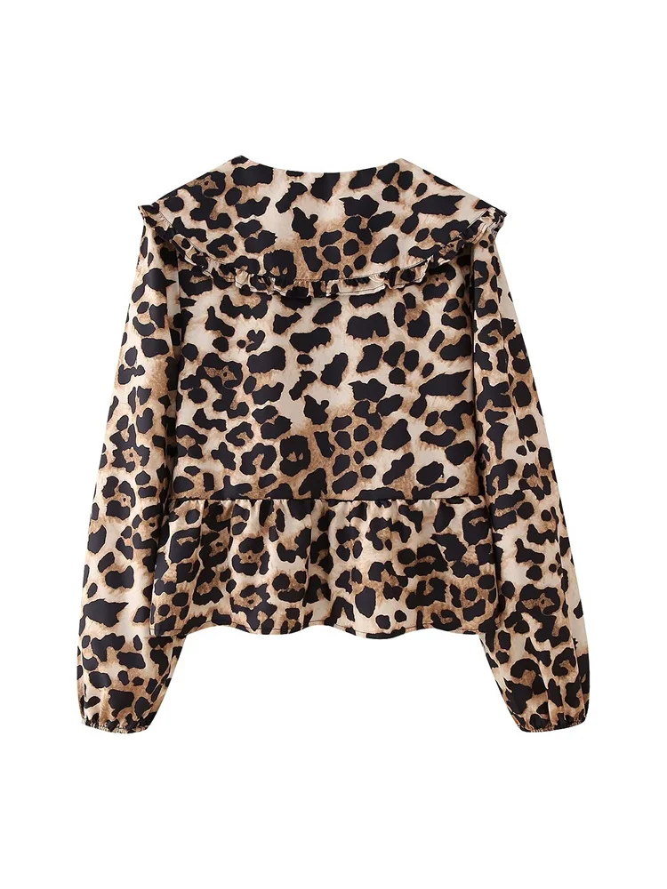 Zevity Women Fashion Agaric Lace Turn Down Collar Leopard Print Casual Smock Blouse Female Chic Bow Shirts Blusas Tops LS6197