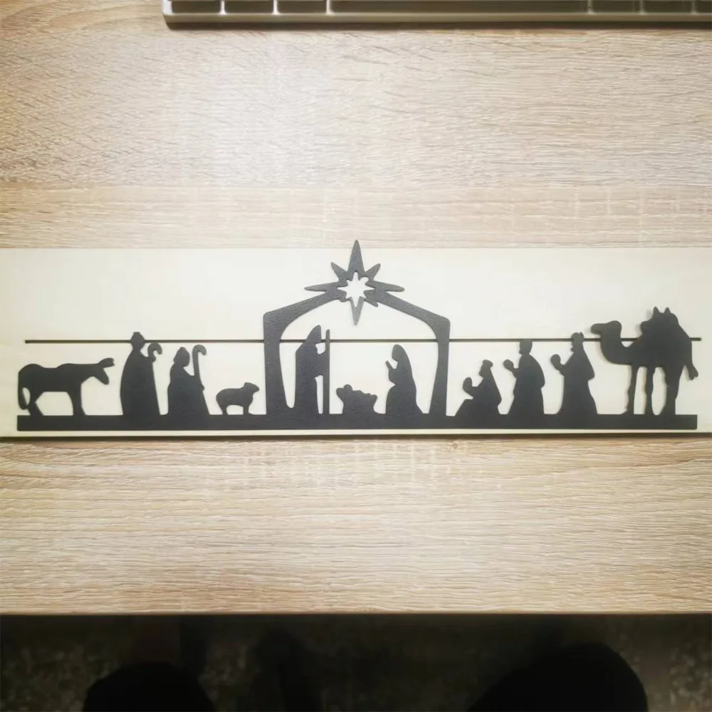 Metal Nativity Table Decoration 11.81x1.57x3.46in Black Christmas Nativity Ornament Baptism Metal & Wood Nativity Sign