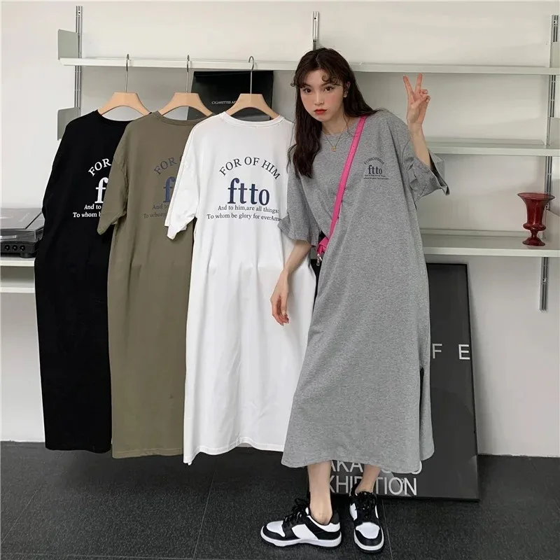 1 Piece plus Size WOMEN\'S Loose Split Knee-length T-shirt Dress Casual Simple Fashionable Letter Print Nightgowns