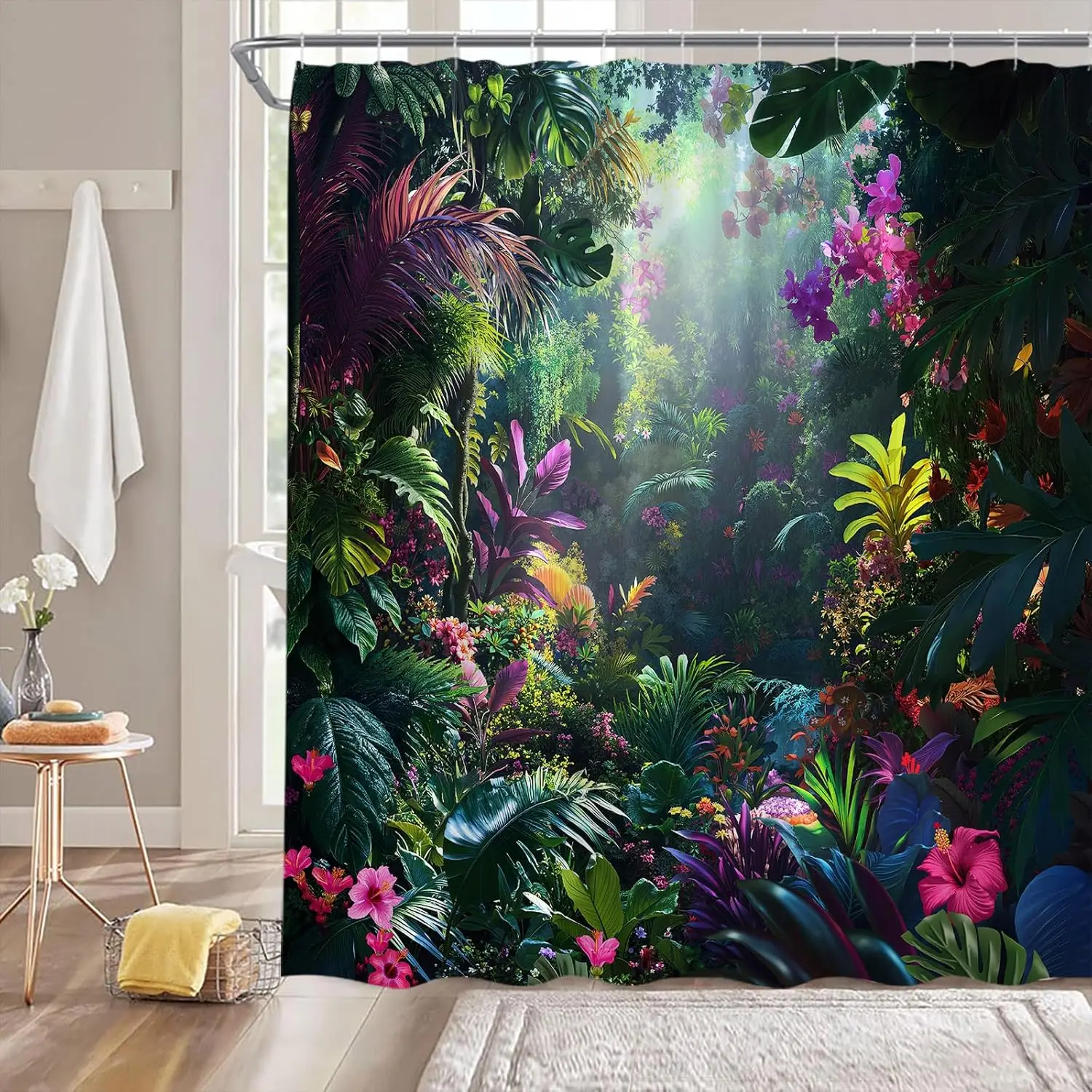 

Занавеска для душа с зеленым лесом, природный пейзаж, тропическое растение, дерево, тропический лес, джунгли, красочные цветы, натуральный пейзаж, ткань