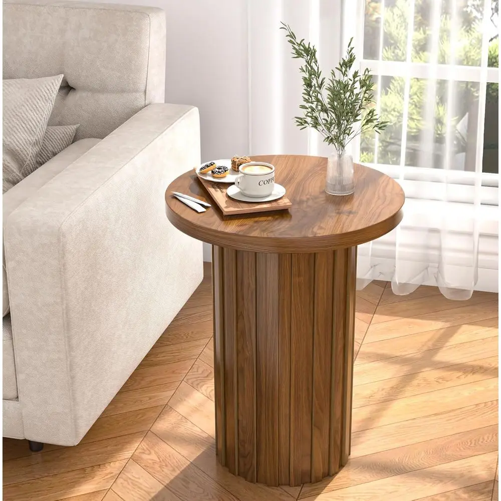 

Rustic Walnut Round Pedestal End Table with Luted Panel for Drink and Small Living Spaces