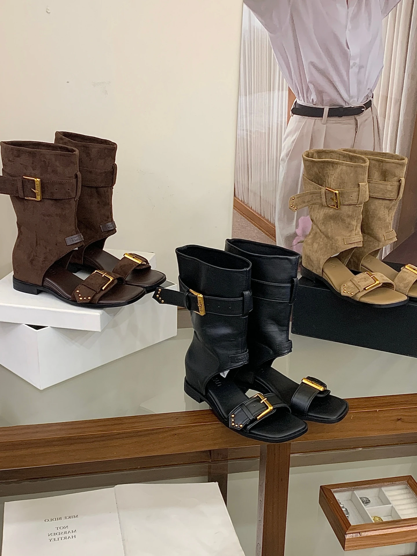 Fashionable Versatile  Boots Women's Flat Belt Buckle Cool Boots Short Boot Open Toe Low Heel round Toe All Season