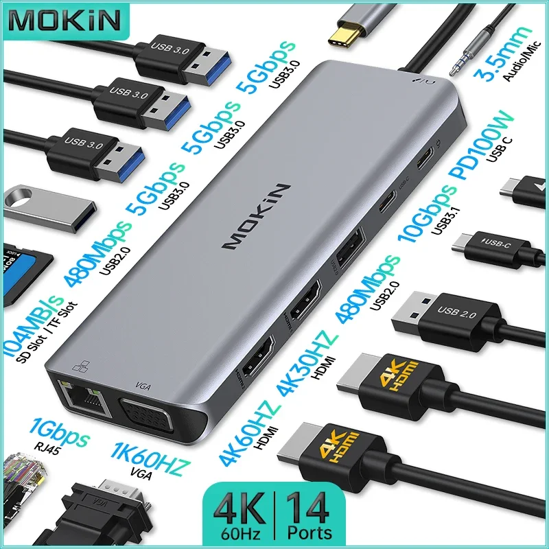 MOKiN 14 Ports Docking Station USB C 4K 60Hz: Dual HDMI, VGA, USB 3.0, RJ45, Audio, SD/TF, PD for Mac Air Pro iPad Laptop PC