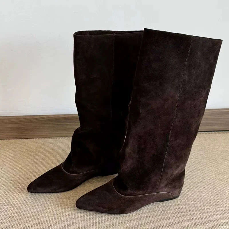 

Eilyken Designer Splicing Pleated Women Knee-High Boots Autumn Winter Fashion Pointed Toe Square Low Heels Shoes