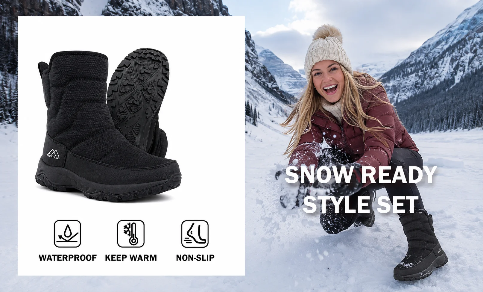 Schwarze Winterstiefel für Damen und Herren, wasserdicht, mit Plüschfutter, Reißverschluss, rutschfest, für Outdoor-Aktivitäten, Arbeit und Wanderungen, in großen Größen erhältlich. – Detail 2